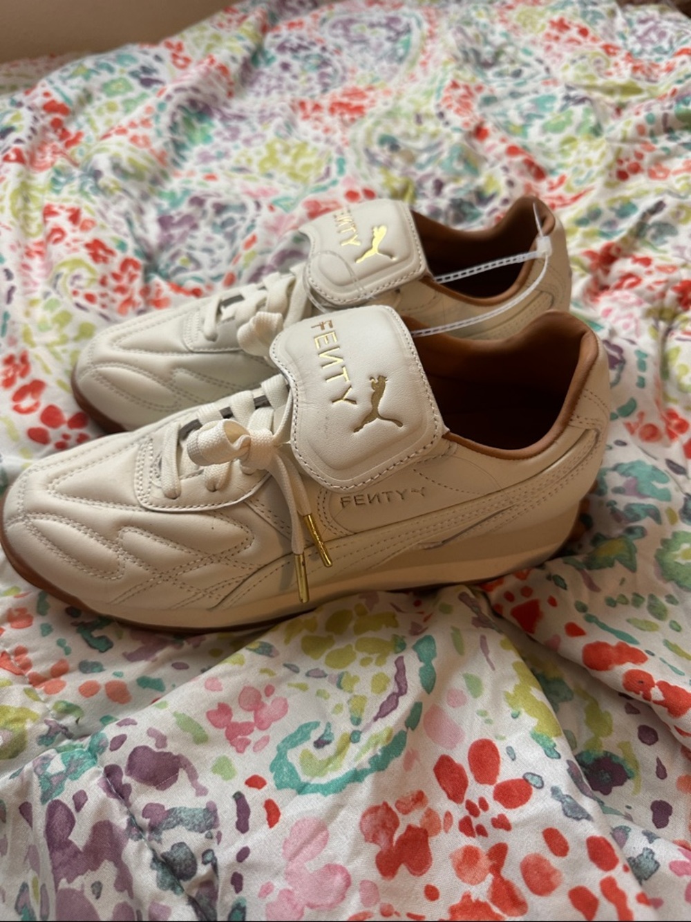 Fenty Beauty Cream Leather Low-Top Sneakers with Gold Logo